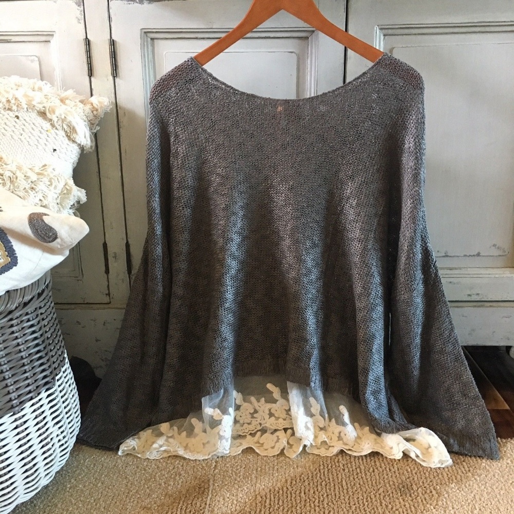LAST ONE!  Long Sleeve Knit Grey Lace Hem Sweater - Picture 3 of 8